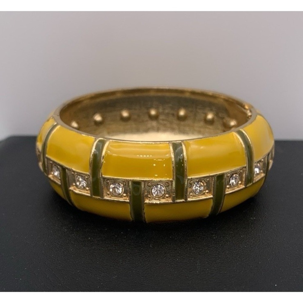 Chunky Gold Tone & Yellow & Green Enamel Hinged Bangle Bracelet With Rhinestones - Picture 3 of 4